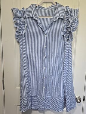 SHEIN Blue & White Striped Ruffle Sleeve Mini Dress